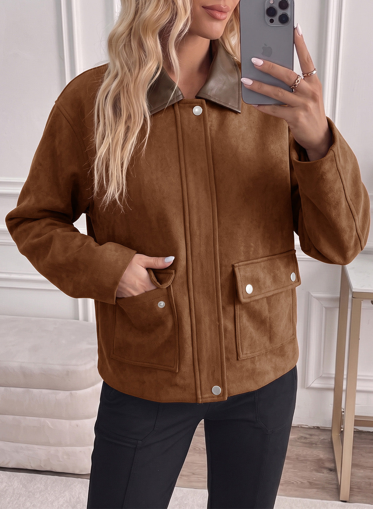 Dokotoo Womens Cropped Jacket 2026 Fall Collar Zip Button Coat with Pockets