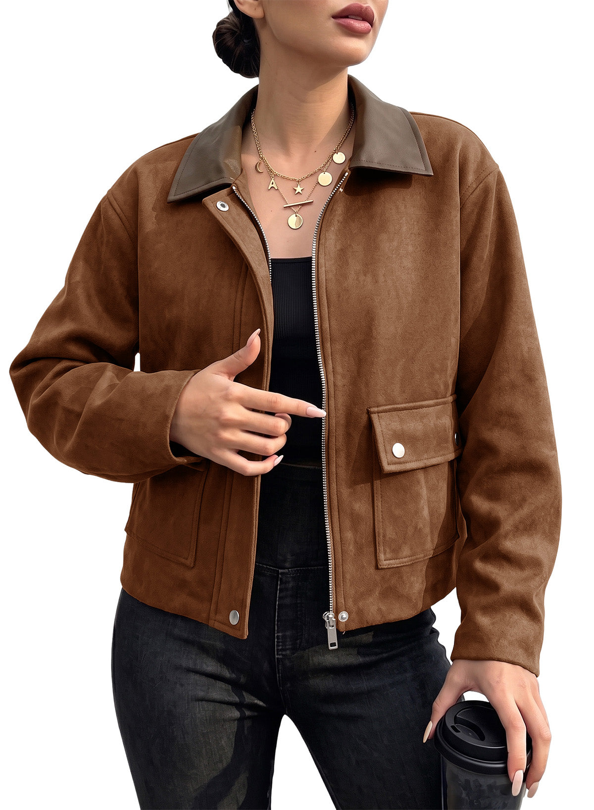 Dokotoo Womens Cropped Jacket 2026 Fall Collar Zip Button Coat with Pockets