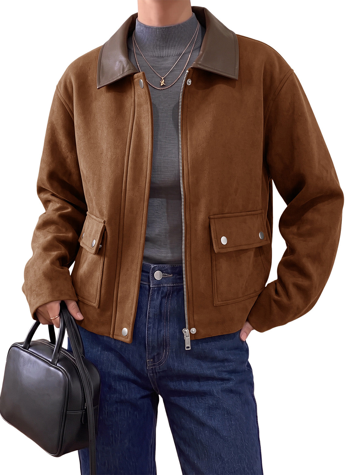 Dokotoo Womens Cropped Jacket 2026 Fall Collar Zip Button Coat with Pockets