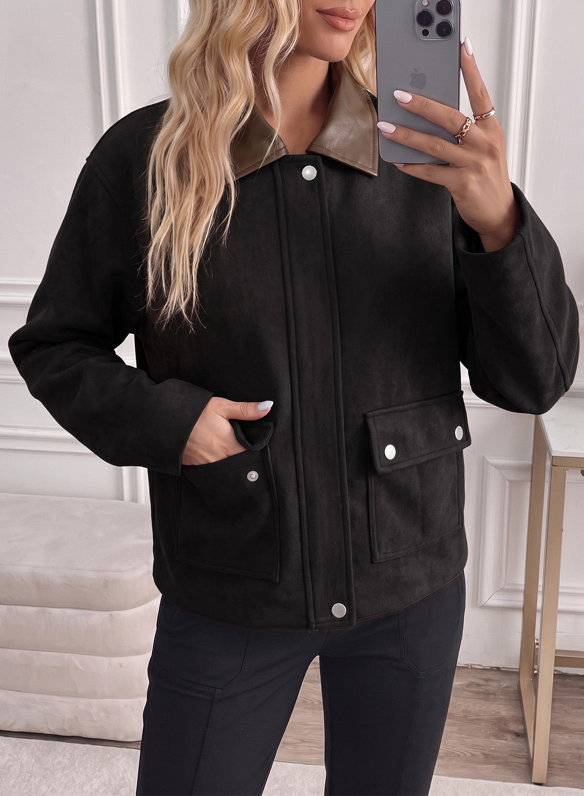 Dokotoo Womens Cropped Jacket 2026 Fall Collar Zip Button Coat with Pockets
