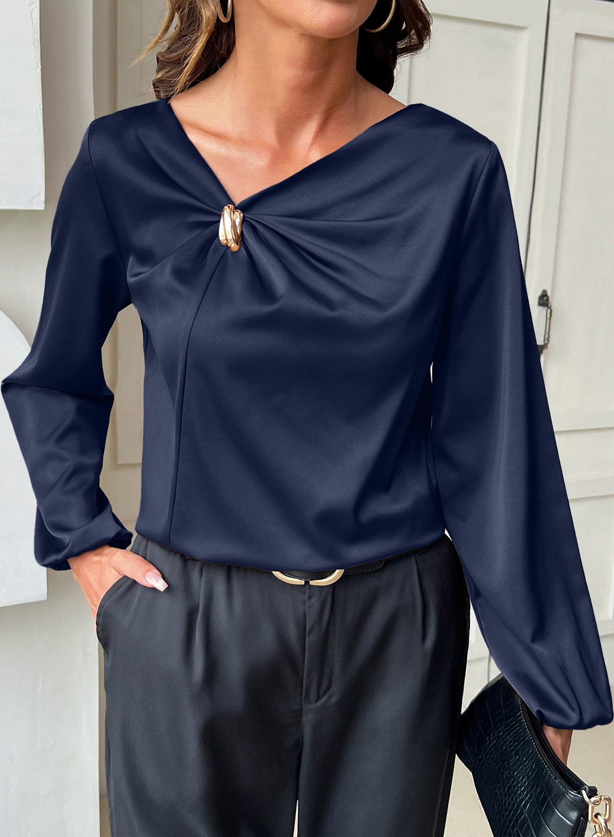 Dokotoo Womens Shirts Long Sleeve Dressy Casual V Neck Satin Top