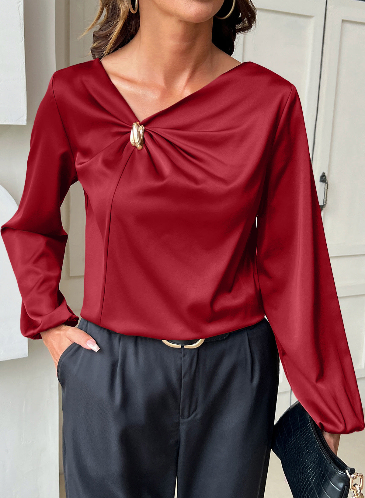 Dokotoo Womens Shirts Long Sleeve Dressy Casual V Neck Satin Top