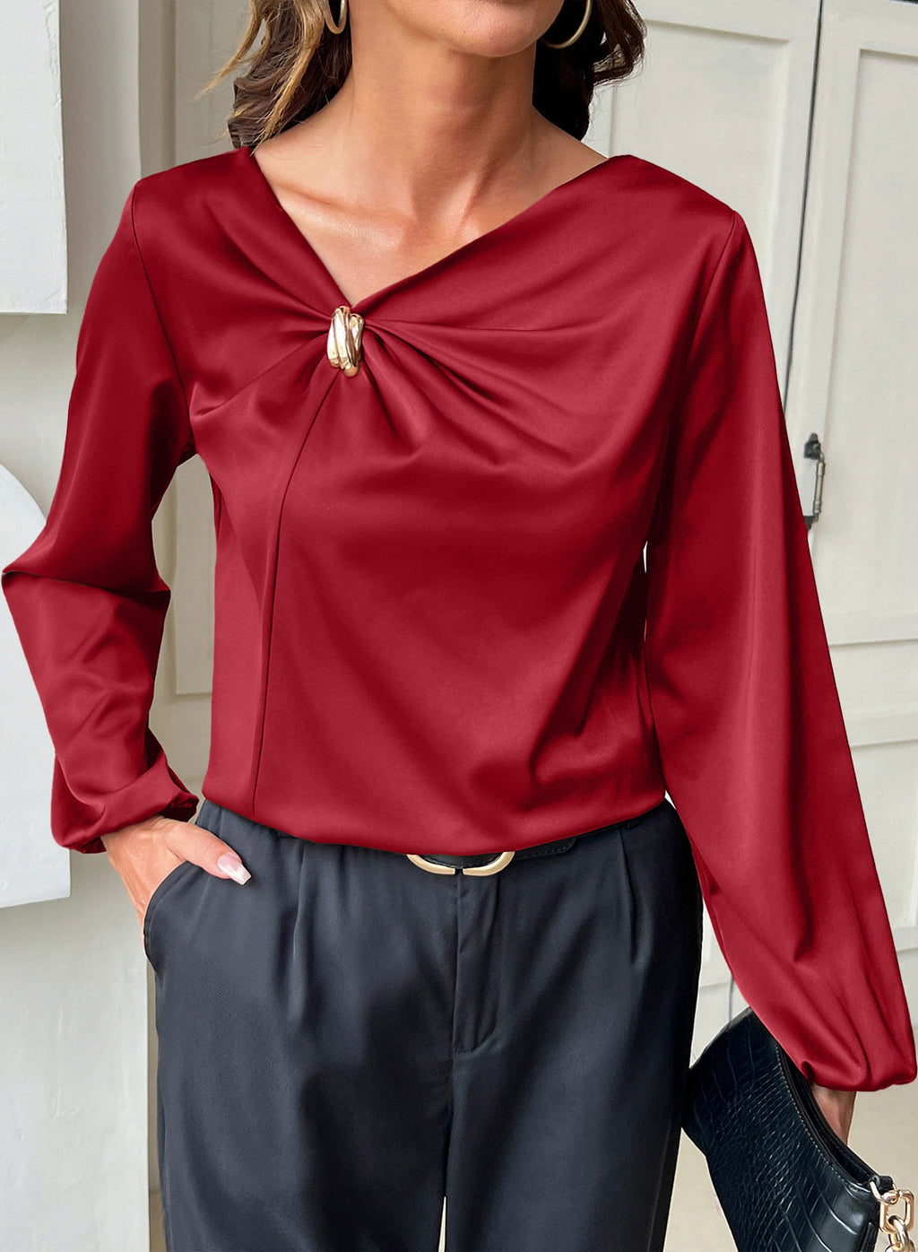 Dokotoo Womens Shirts Long Sleeve Dressy Casual V Neck Satin Top