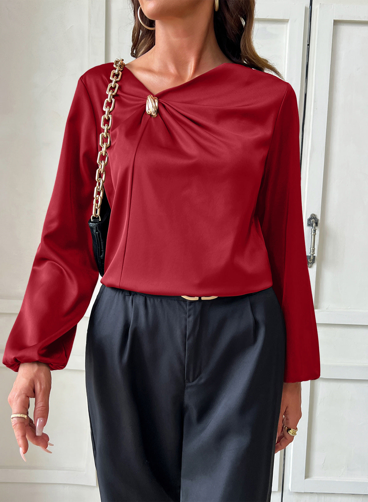 Dokotoo Womens Shirts Long Sleeve Dressy Casual V Neck Satin Top