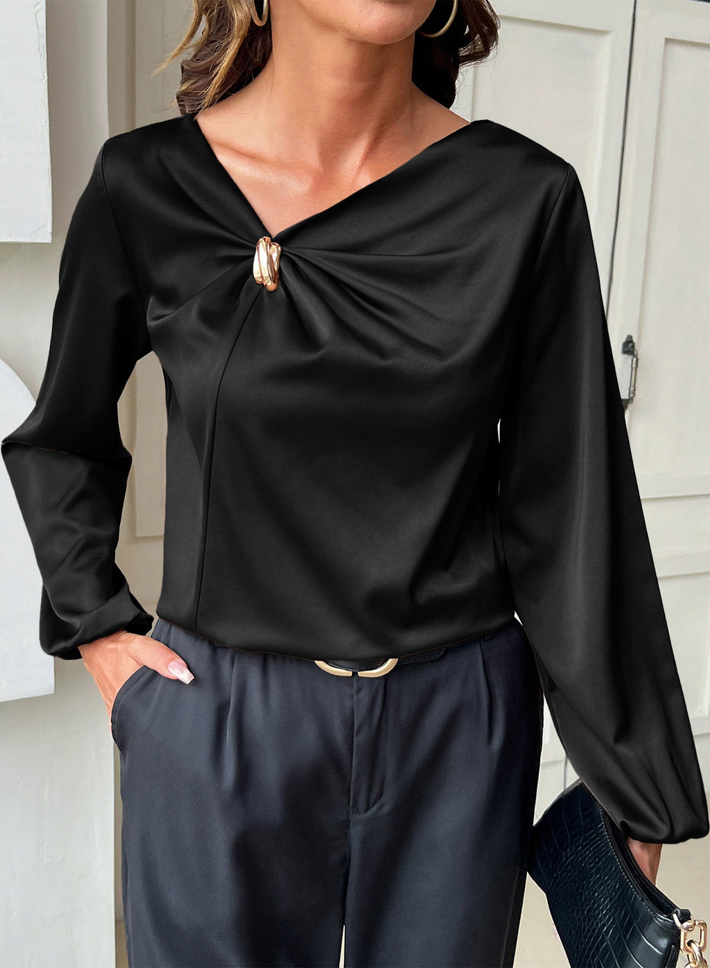 Dokotoo Womens Shirts Long Sleeve Dressy Casual V Neck Satin Top