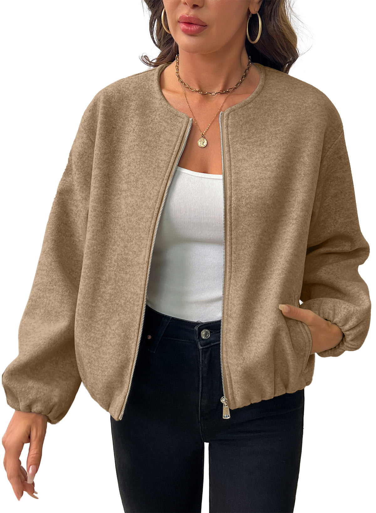 Bomber Jacket for Women Trendy Long Sleeve Coat with Pockets