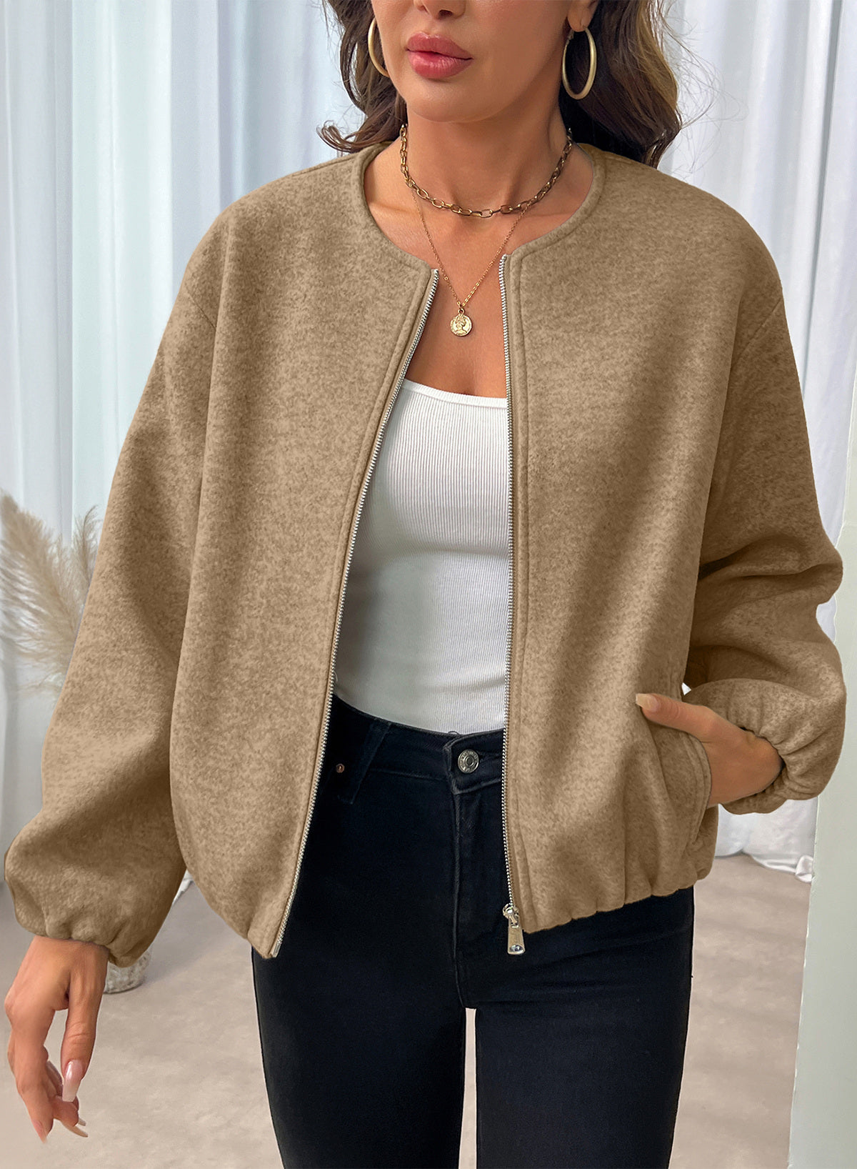 Bomber Jacket for Women Trendy Long Sleeve Coat with Pockets