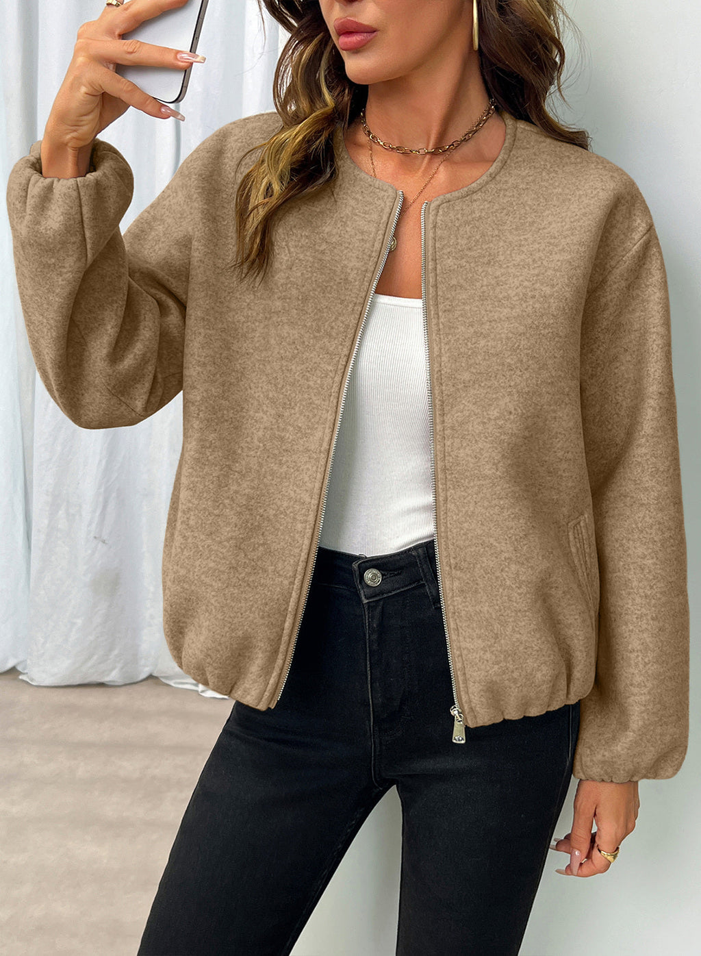 Bomber Jacket for Women Trendy Long Sleeve Coat with Pockets