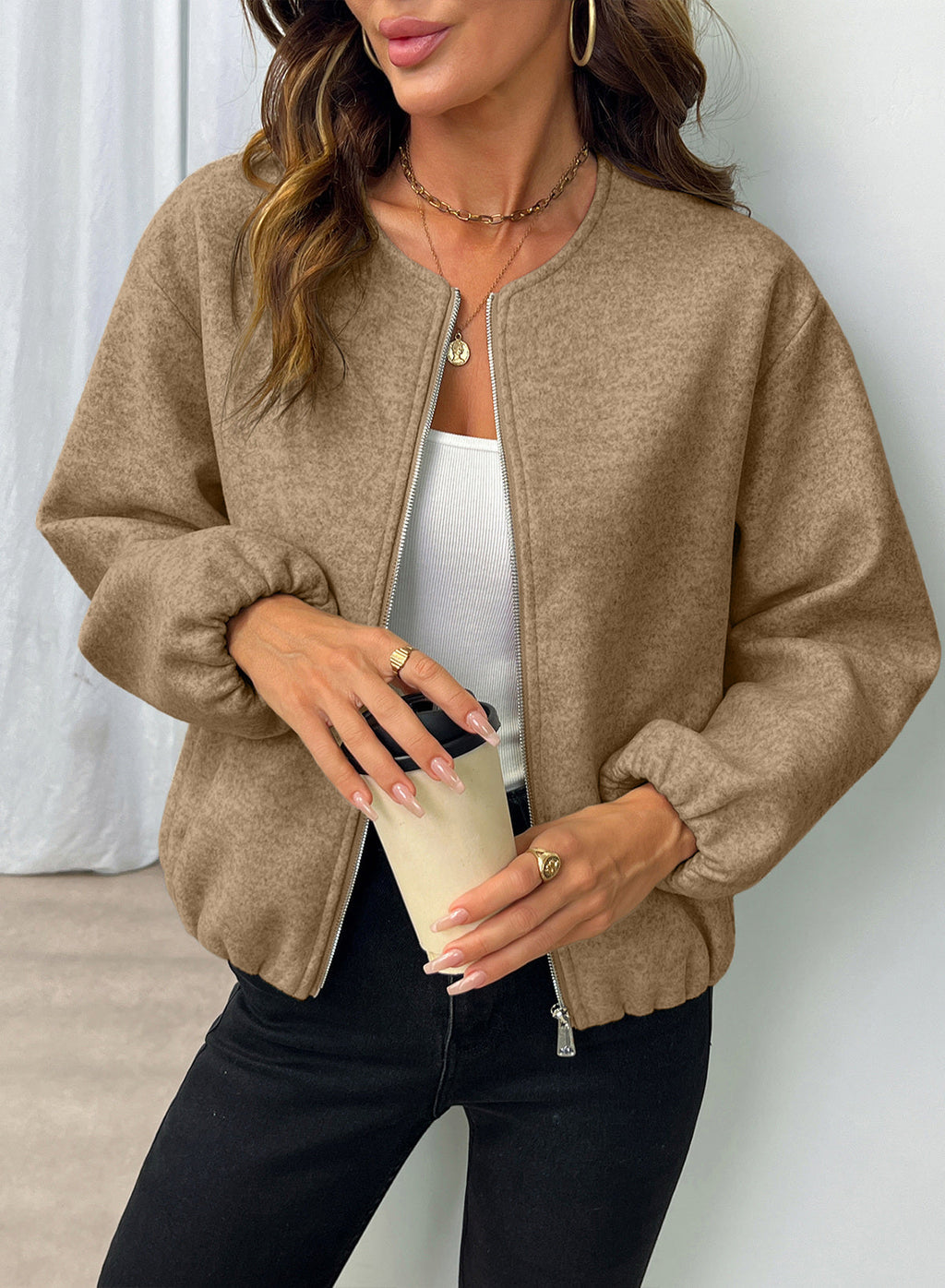 Bomber Jacket for Women Trendy Long Sleeve Coat with Pockets