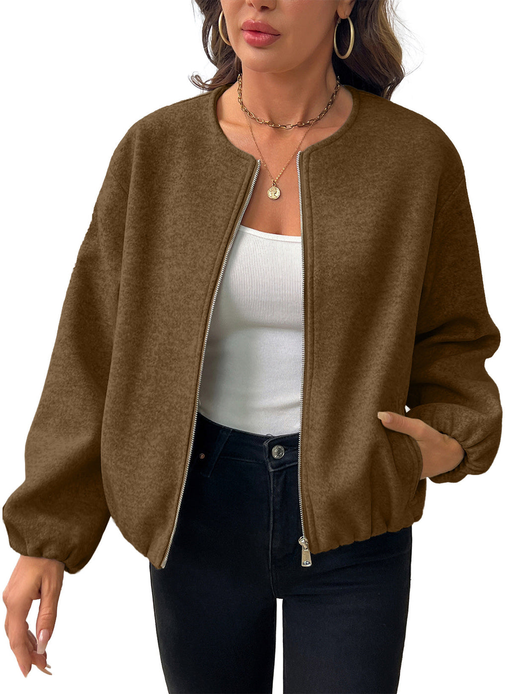 Bomber Jacket for Women Trendy Long Sleeve Coat with Pockets