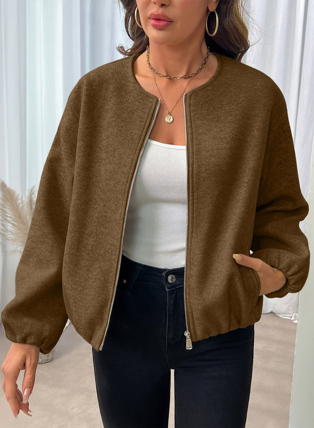 Bomber Jacket for Women Trendy Long Sleeve Coat with Pockets
