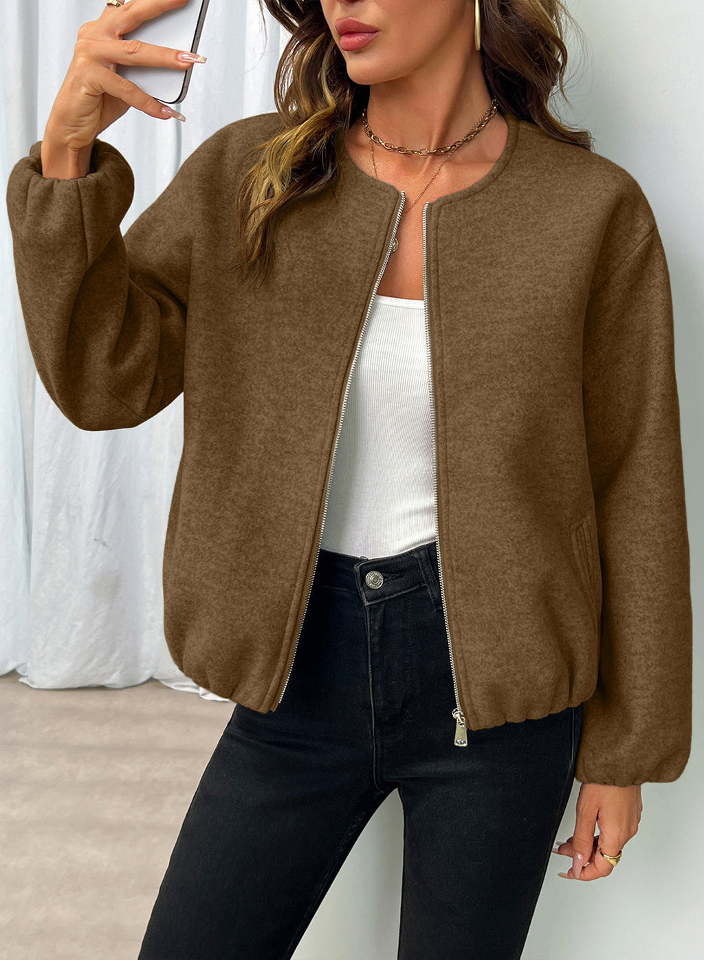 Bomber Jacket for Women Trendy Long Sleeve Coat with Pockets