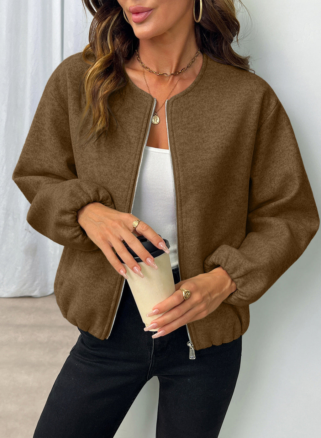 Bomber Jacket for Women Trendy Long Sleeve Coat with Pockets