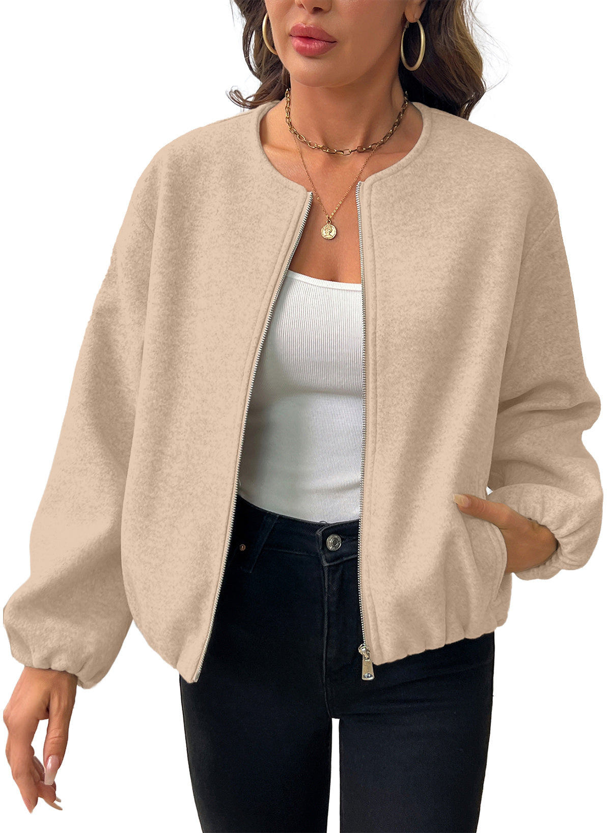 Bomber Jacket for Women Trendy Long Sleeve Coat with Pockets