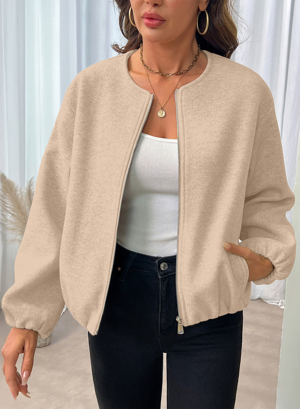 Bomber Jacket for Women Trendy Long Sleeve Coat with Pockets