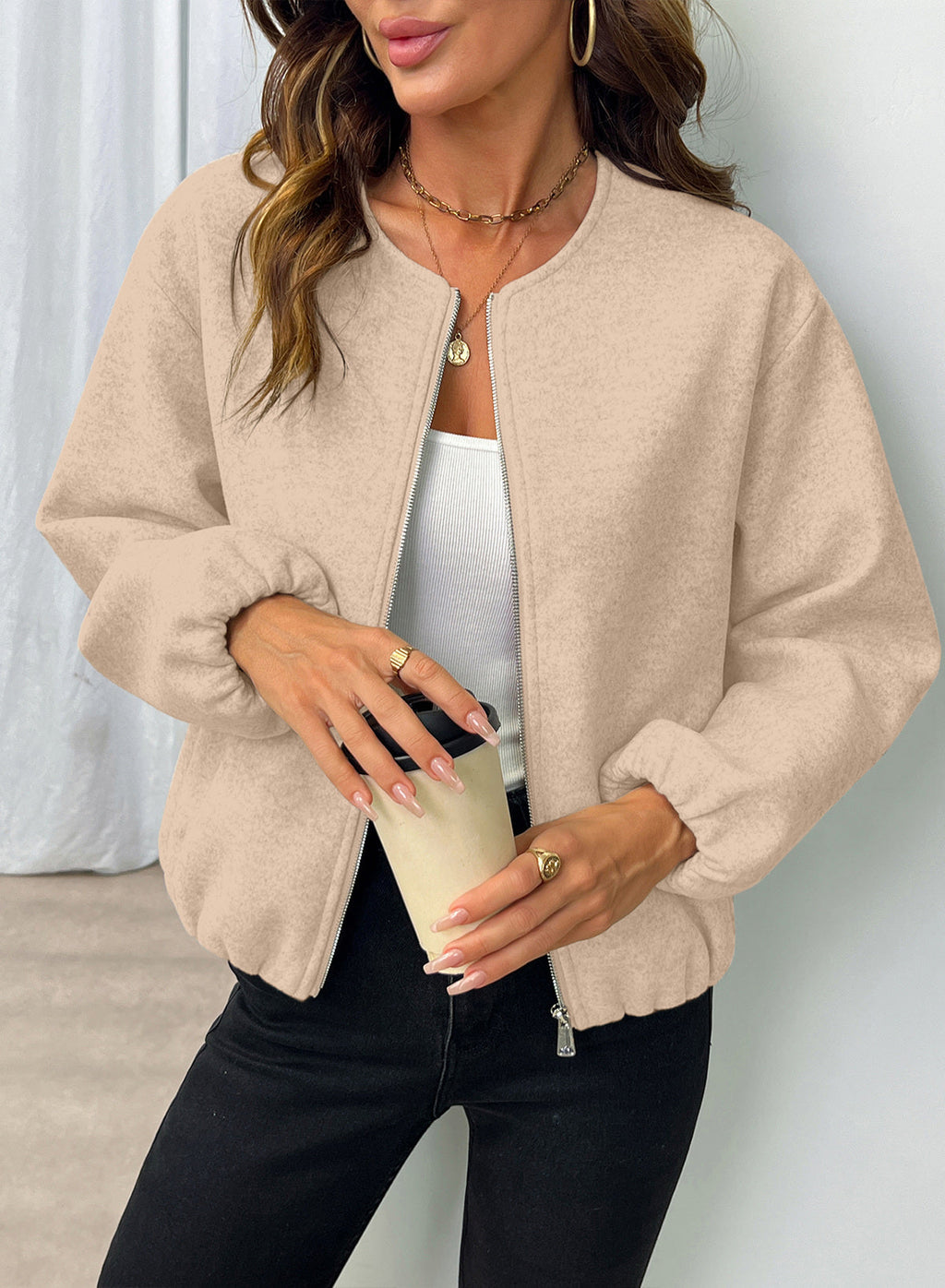 Bomber Jacket for Women Trendy Long Sleeve Coat with Pockets