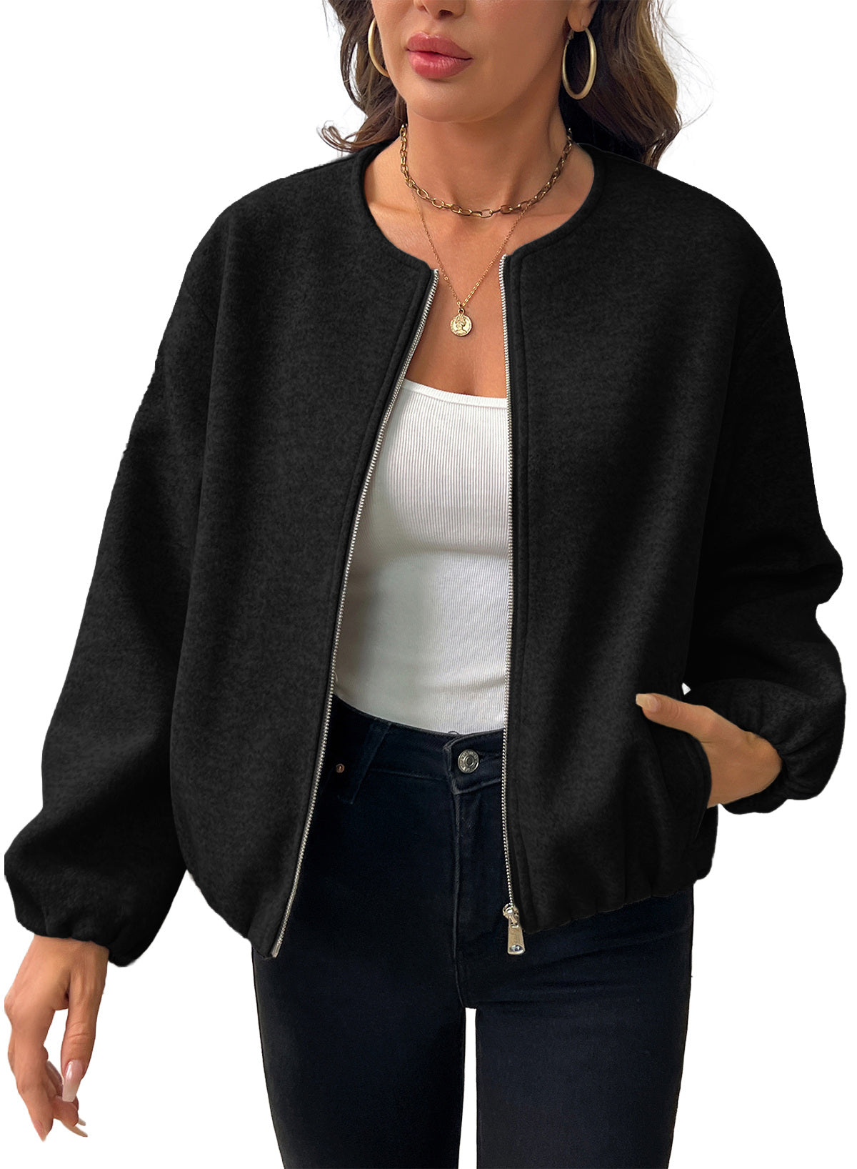 Bomber Jacket for Women Trendy Long Sleeve Coat with Pockets