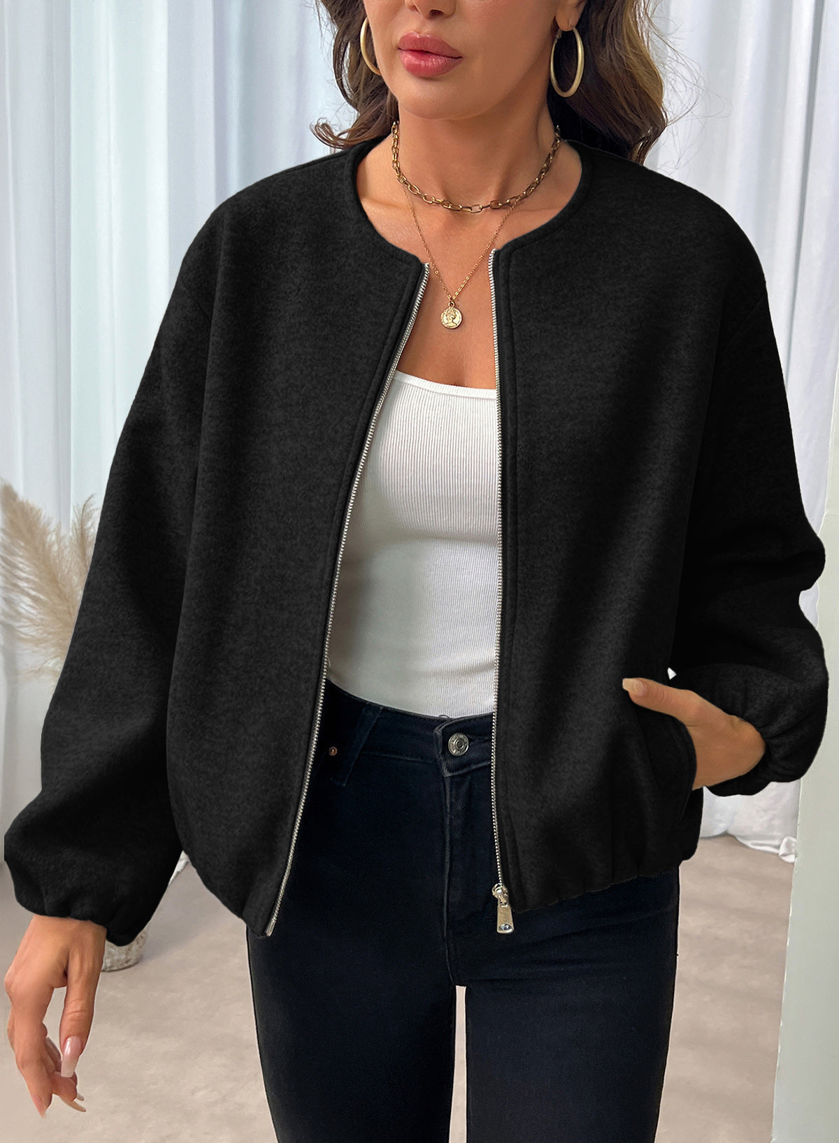 Bomber Jacket for Women Trendy Long Sleeve Coat with Pockets