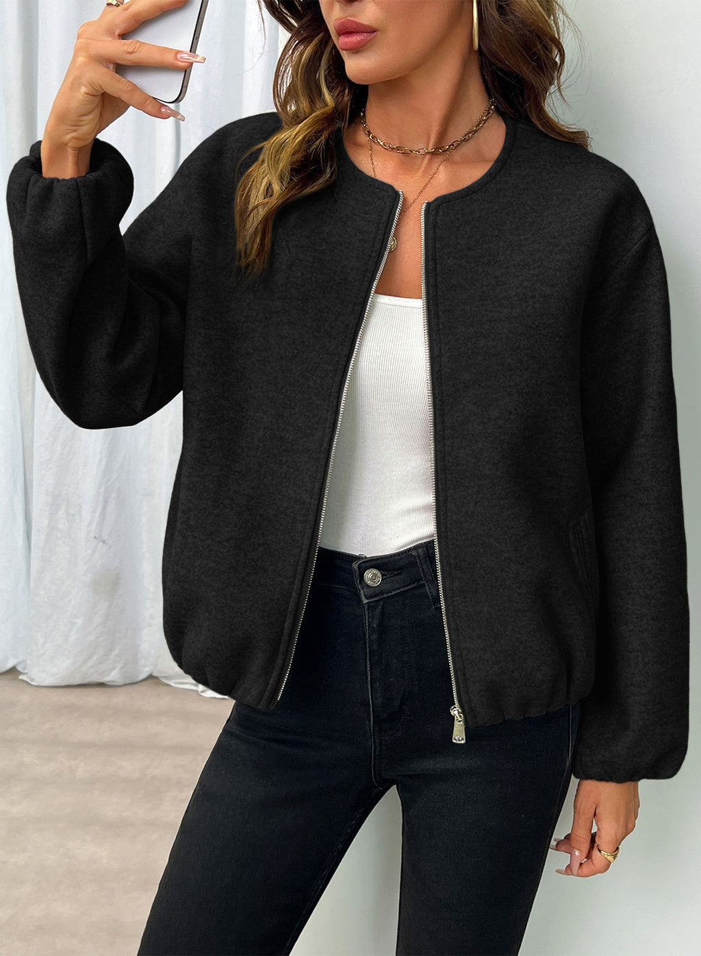 Bomber Jacket for Women Trendy Long Sleeve Coat with Pockets