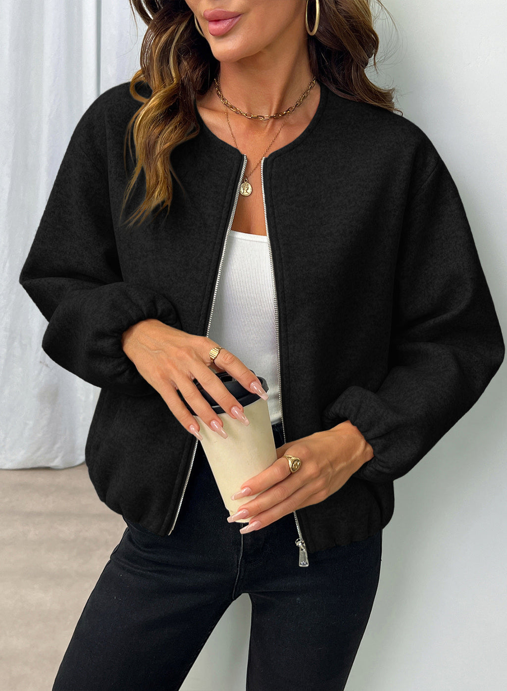 Bomber Jacket for Women Trendy Long Sleeve Coat with Pockets