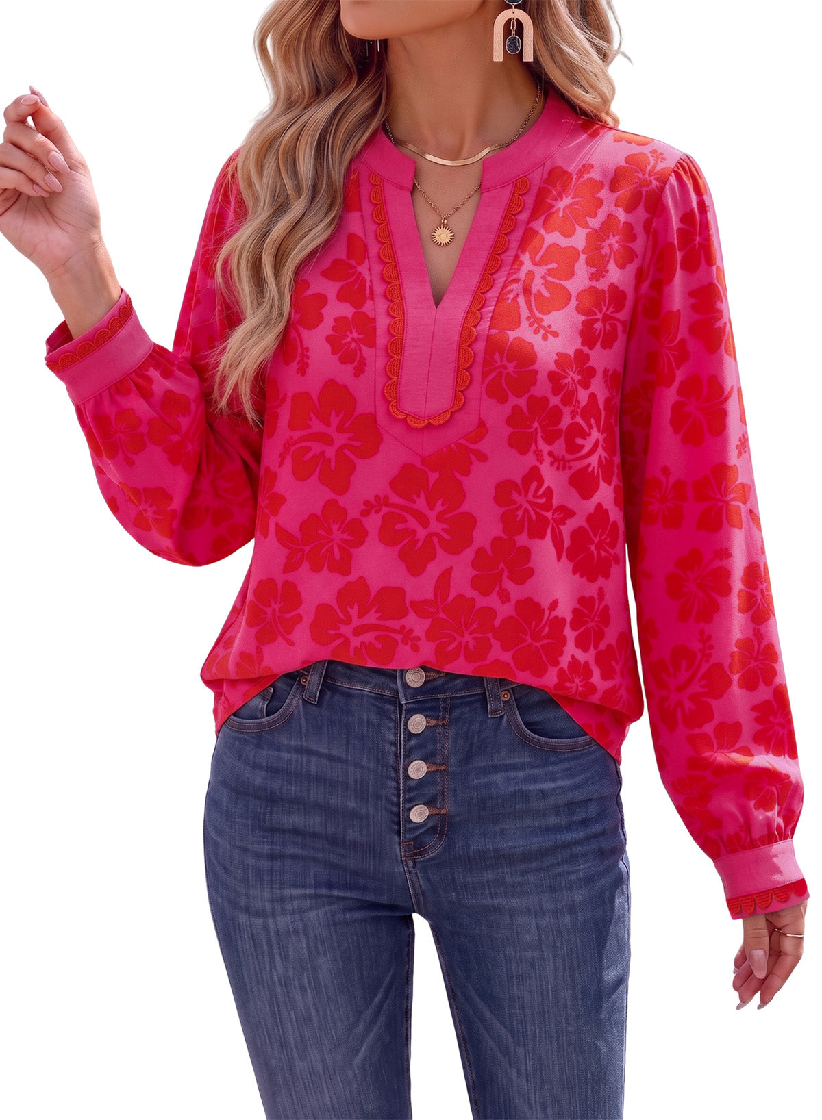 Dokotoo Womens Tops V Neck Long Sleeve Shirts Boho Trim Casual Blouses