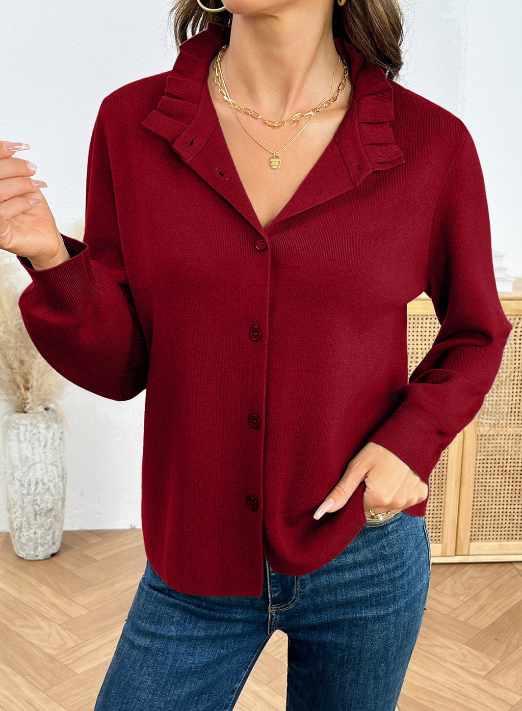 Dokotoo Cardigan Sweaters for Women Long Sleeve Stand Collar Ruffle Button Down Cardigans