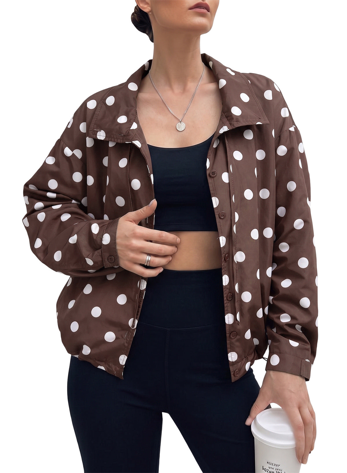 Dokotoo Womens Cropped Jacket Drawstring Zip Up Polka Dot Oversized Coats