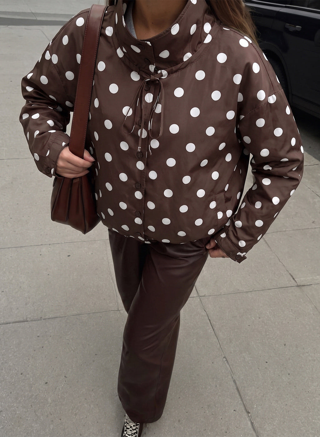 Dokotoo Womens Cropped Jacket Drawstring Zip Up Polka Dot Oversized Coats