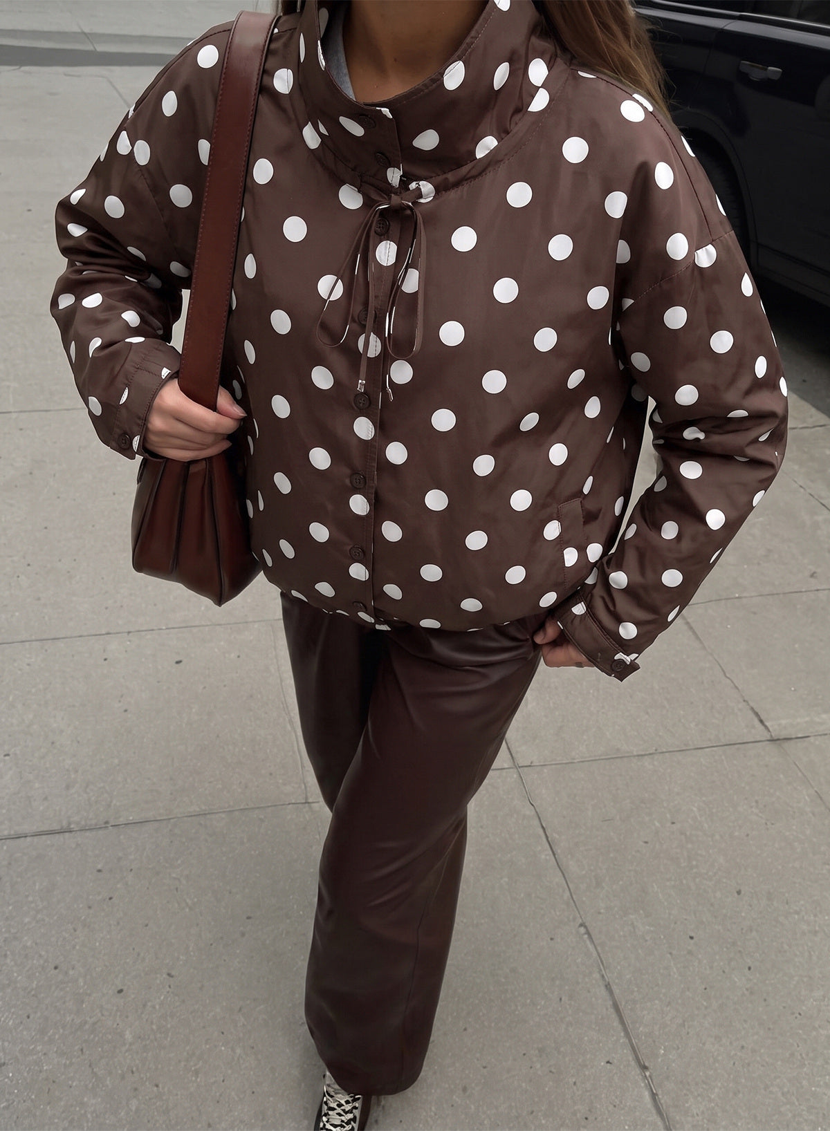 Dokotoo Womens Cropped Jacket Drawstring Zip Up Polka Dot Oversized Coats
