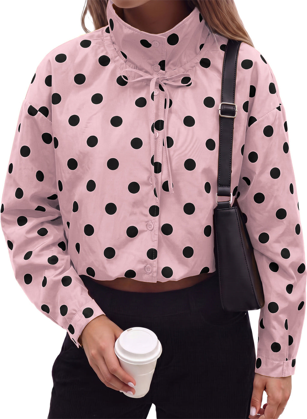 Dokotoo Womens Cropped Jacket Drawstring Zip Up Polka Dot Oversized Coats
