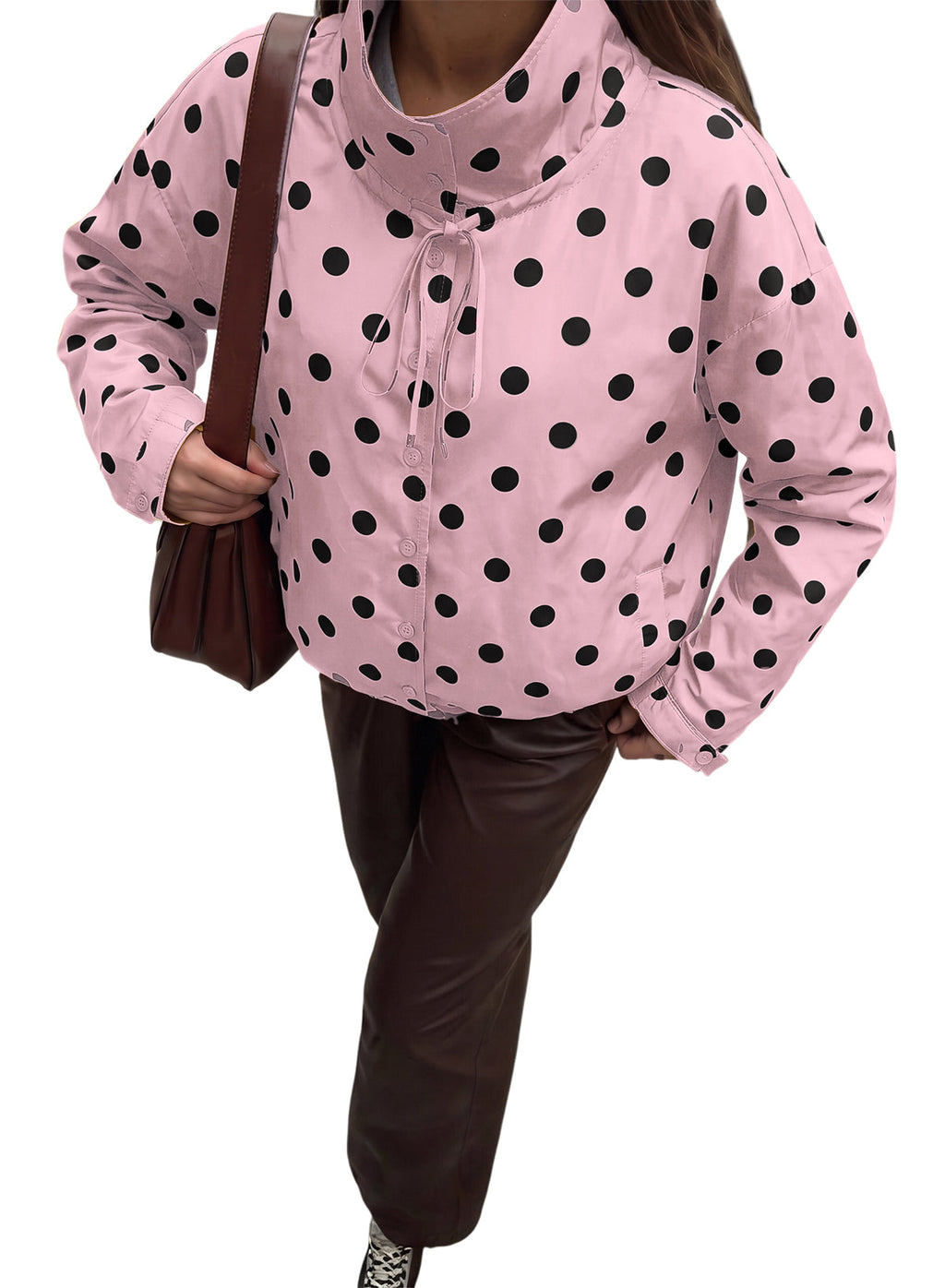 Dokotoo Womens Cropped Jacket Drawstring Zip Up Polka Dot Oversized Coats