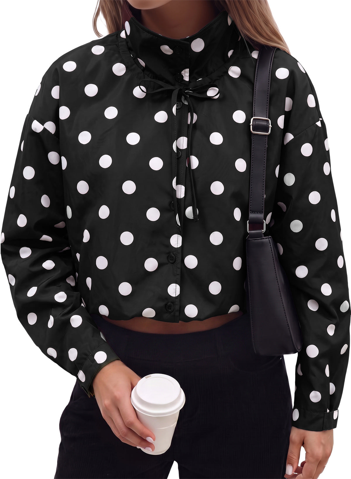 Dokotoo Womens Cropped Jacket Drawstring Zip Up Polka Dot Oversized Coats