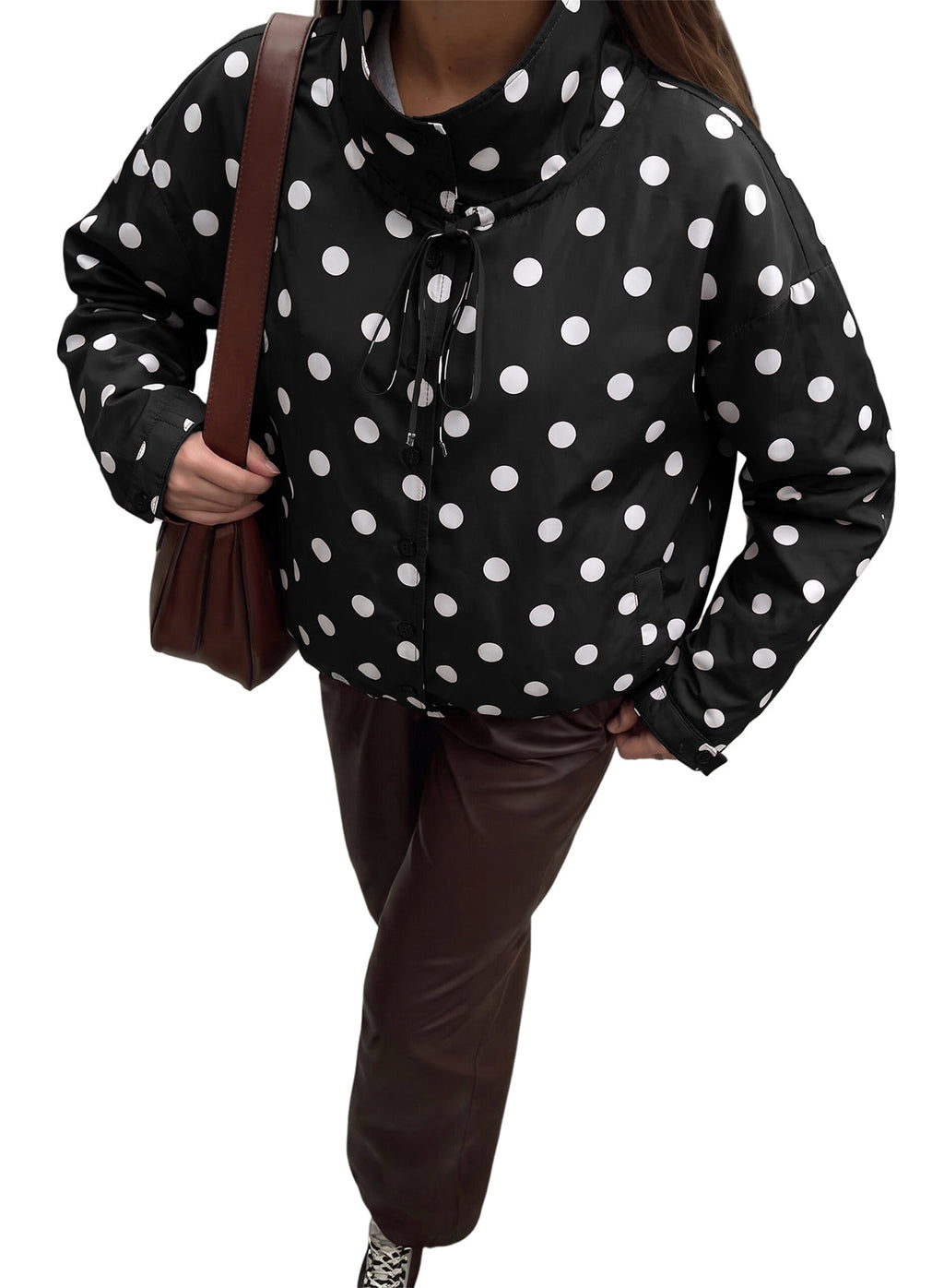 Dokotoo Womens Cropped Jacket Drawstring Zip Up Polka Dot Oversized Coats