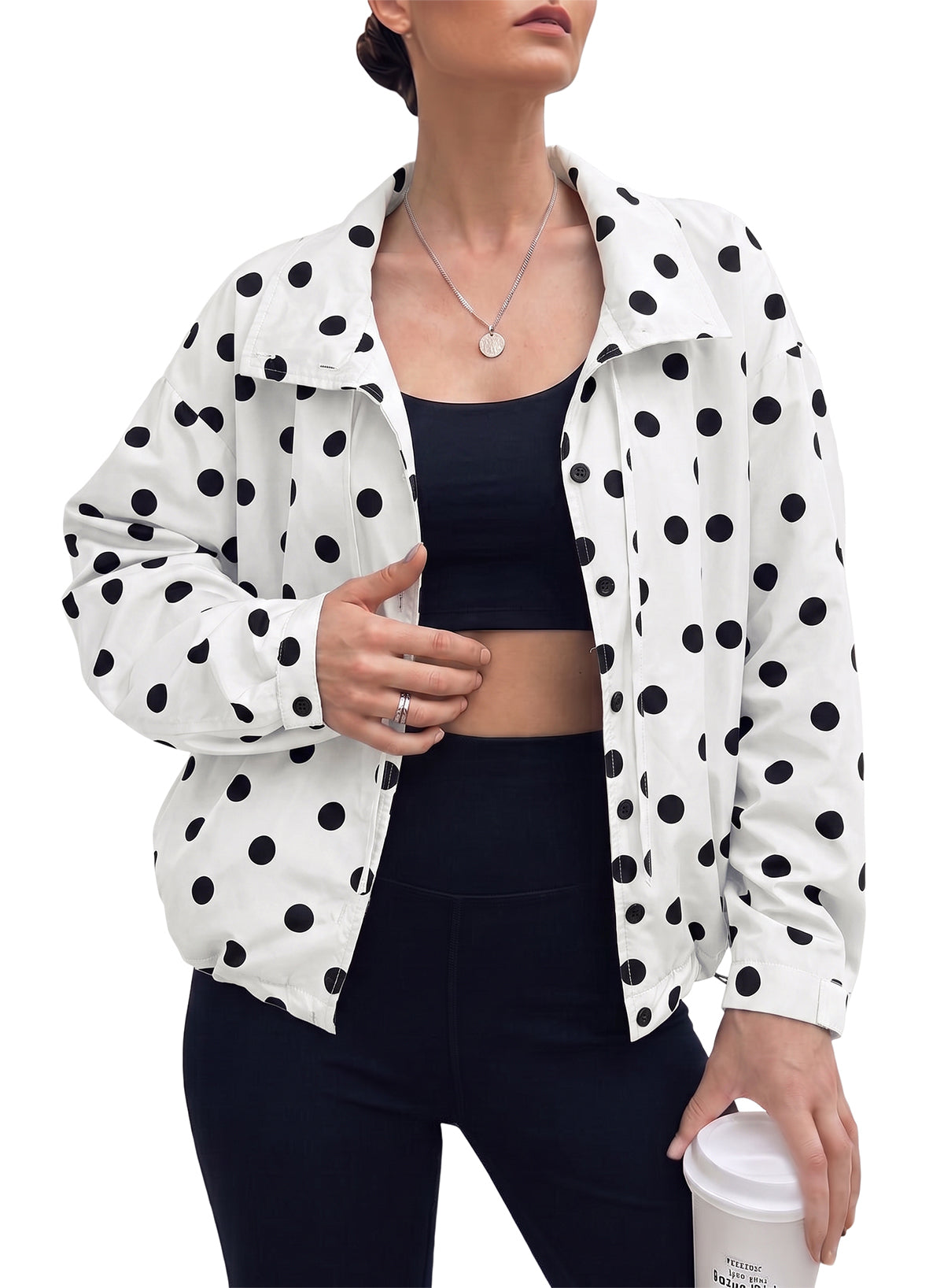 Dokotoo Womens Cropped Jacket Drawstring Zip Up Polka Dot Oversized Coats