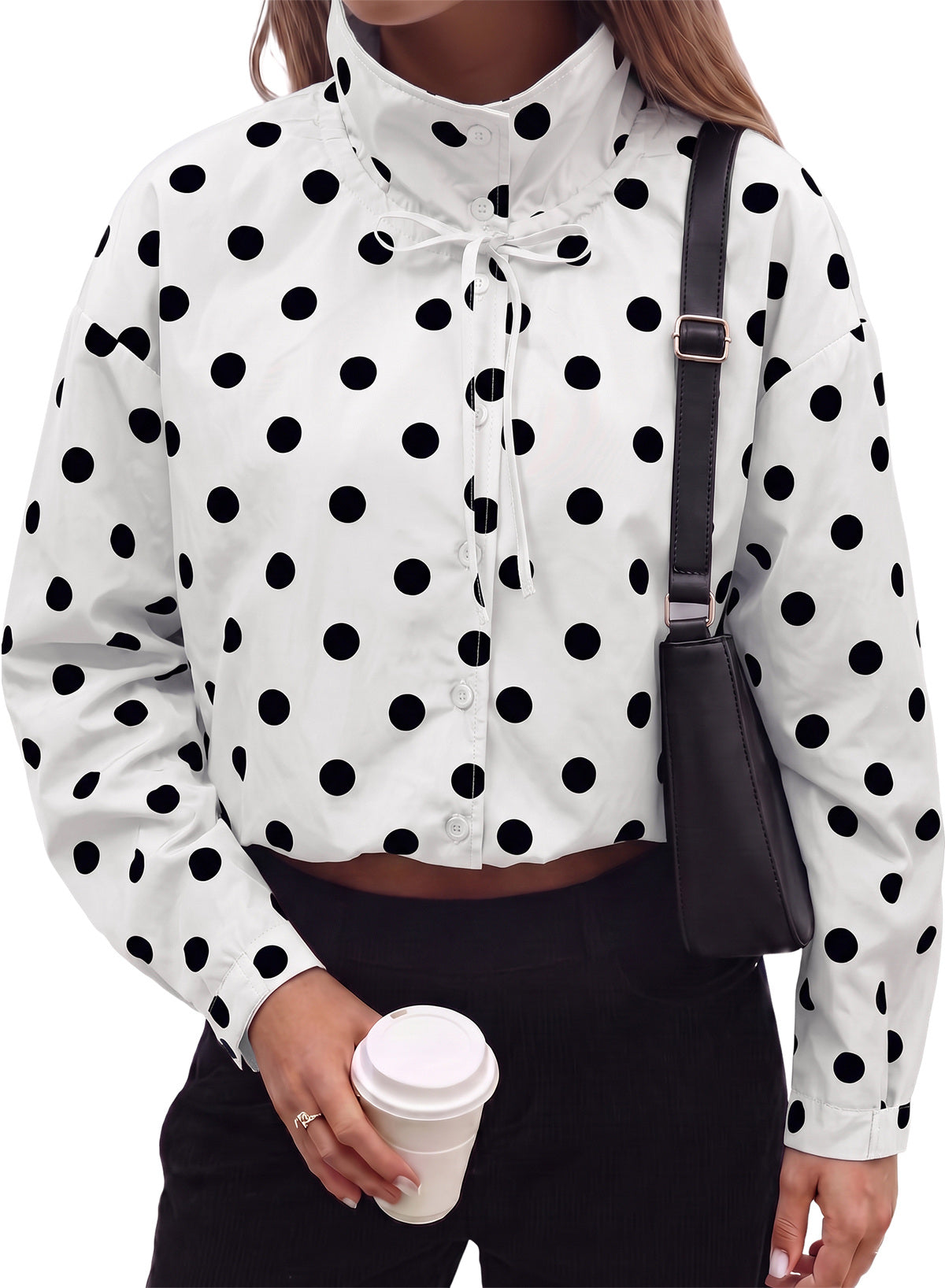 Dokotoo Womens Cropped Jacket Drawstring Zip Up Polka Dot Oversized Coats