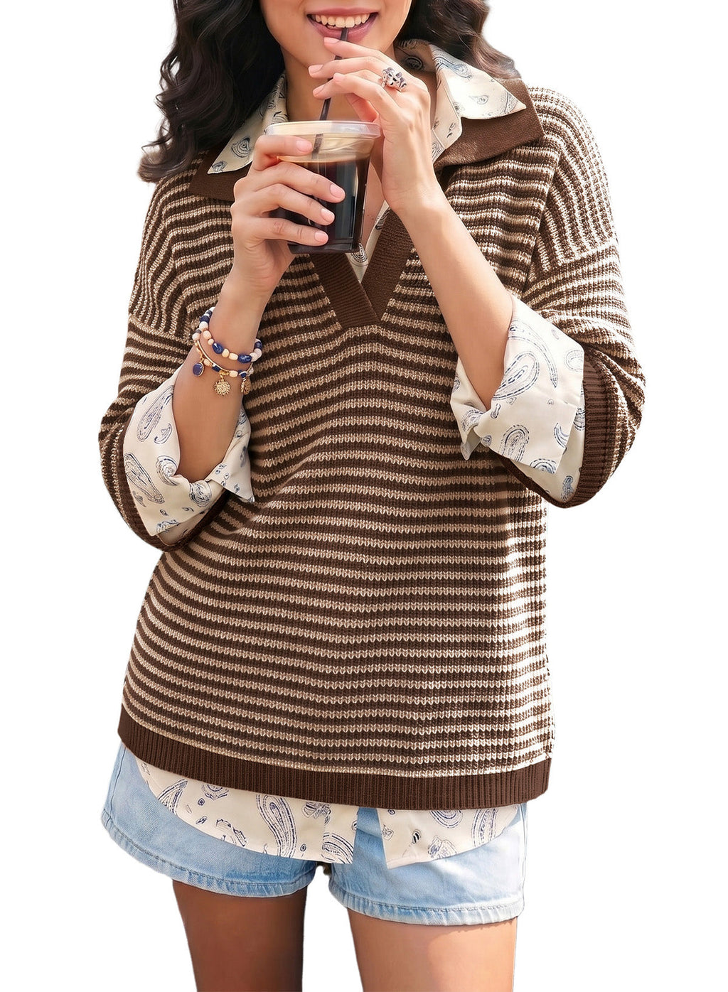 Collared Neck Contrast Striped Top and Shorts Sweater Set