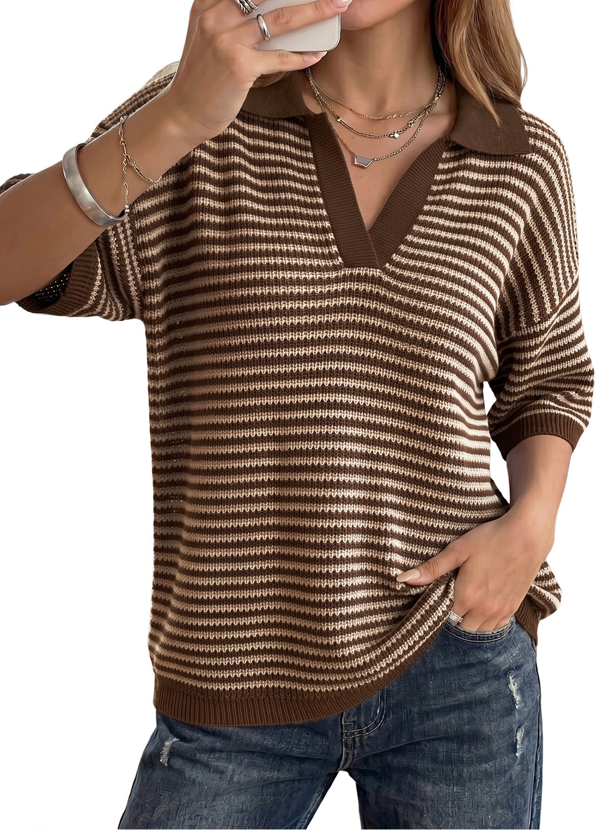 Collared Neck Contrast Striped Top and Shorts Sweater Set