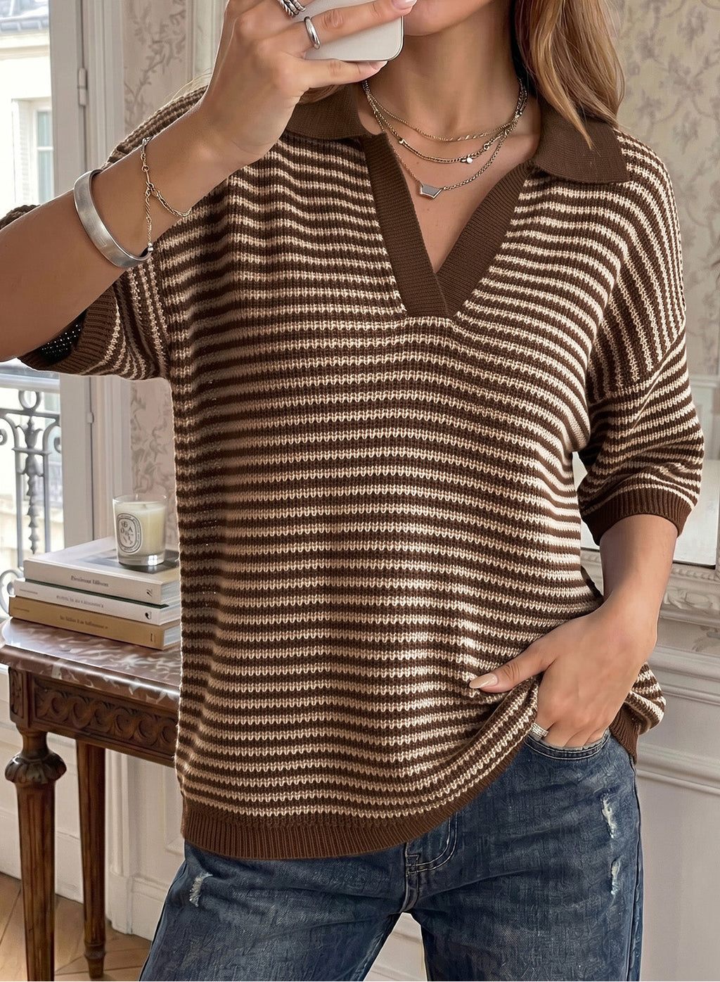 Collared Neck Contrast Striped Top and Shorts Sweater Set