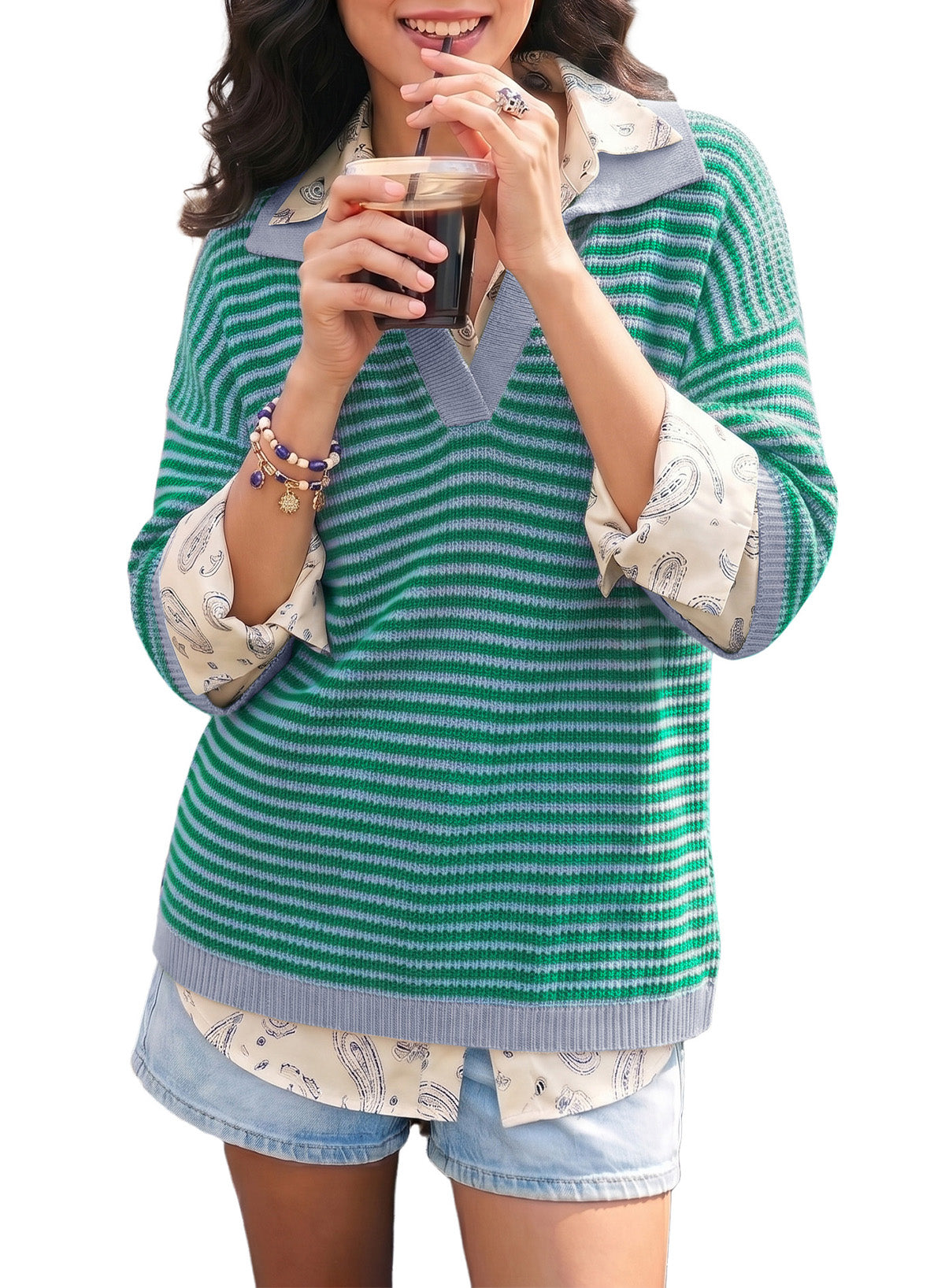 Collared Neck Contrast Striped Top and Shorts Sweater Set