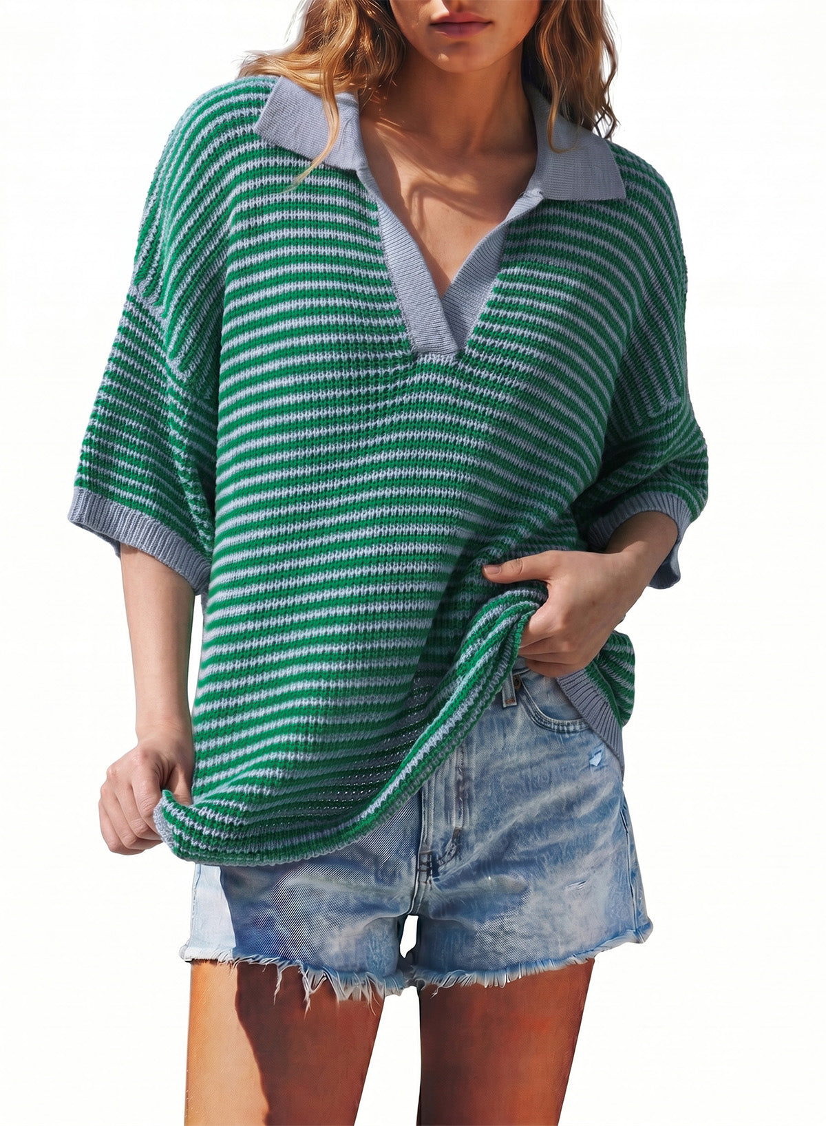 Collared Neck Contrast Striped Top and Shorts Sweater Set
