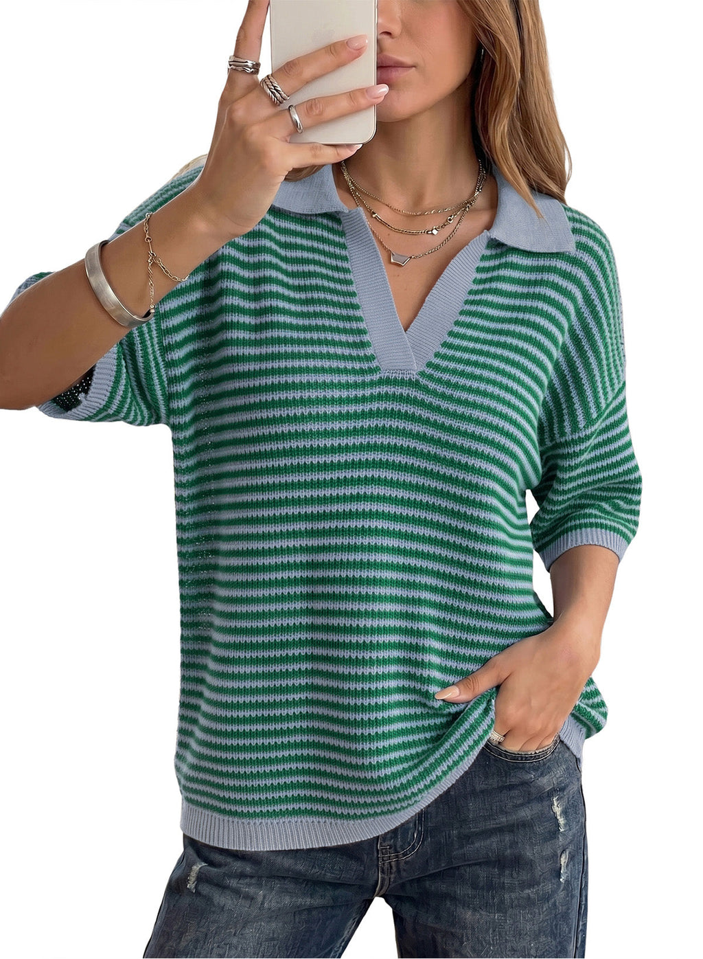 Collared Neck Contrast Striped Top and Shorts Sweater Set