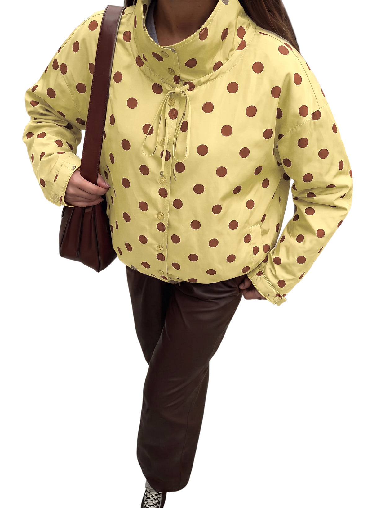 Dokotoo Womens Cropped Jacket Drawstring Zip Up Polka Dot Oversized Coats