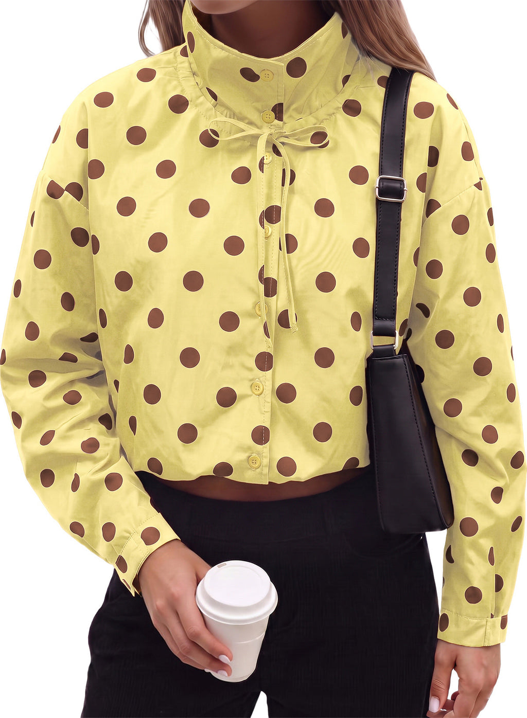 Dokotoo Womens Cropped Jacket Drawstring Zip Up Polka Dot Oversized Coats