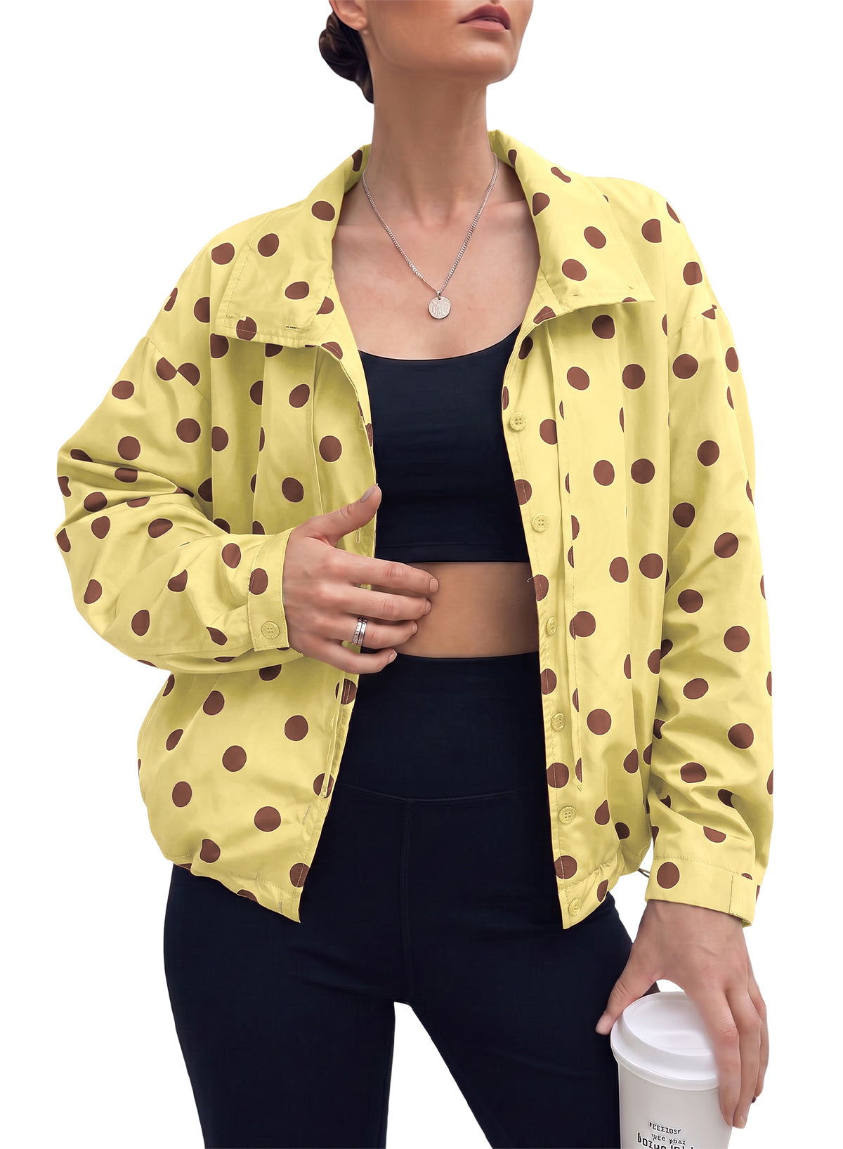 Dokotoo Womens Cropped Jacket Drawstring Zip Up Polka Dot Oversized Coats