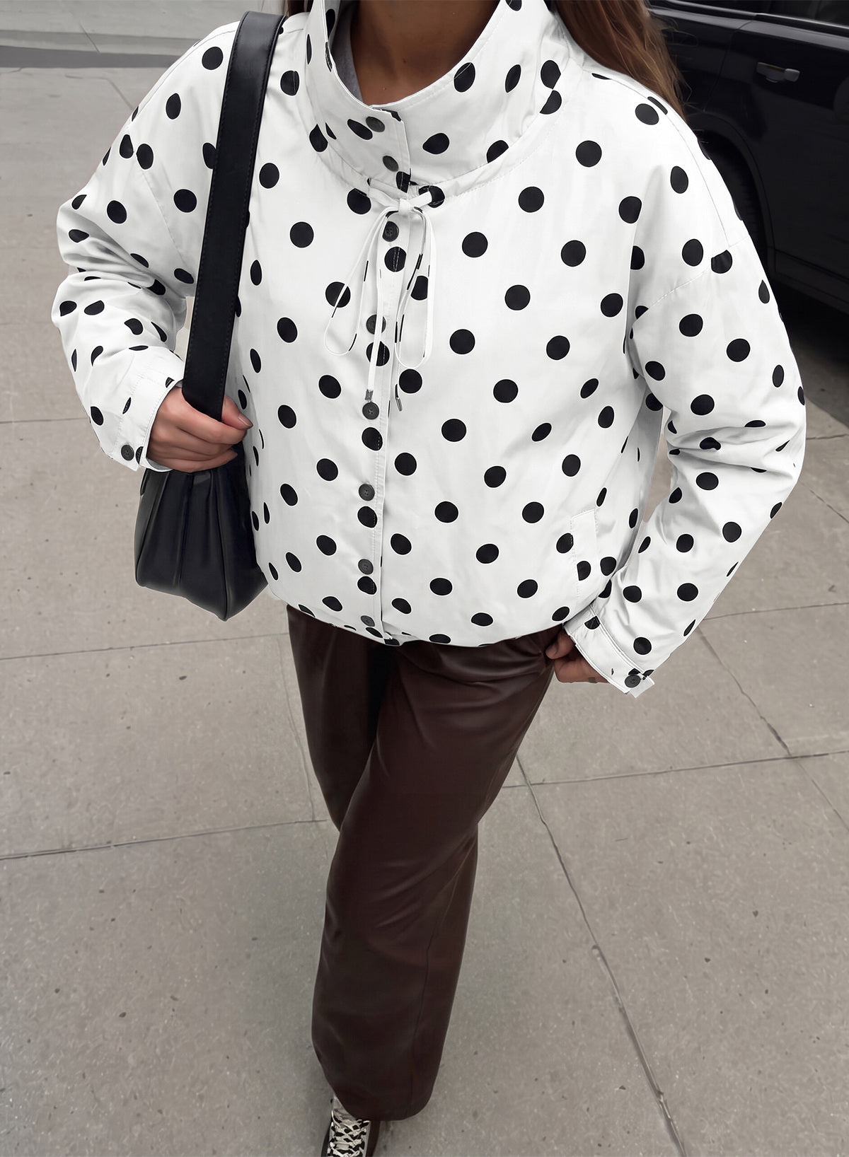 Dokotoo Womens Cropped Jacket Drawstring Zip Up Polka Dot Oversized Coats