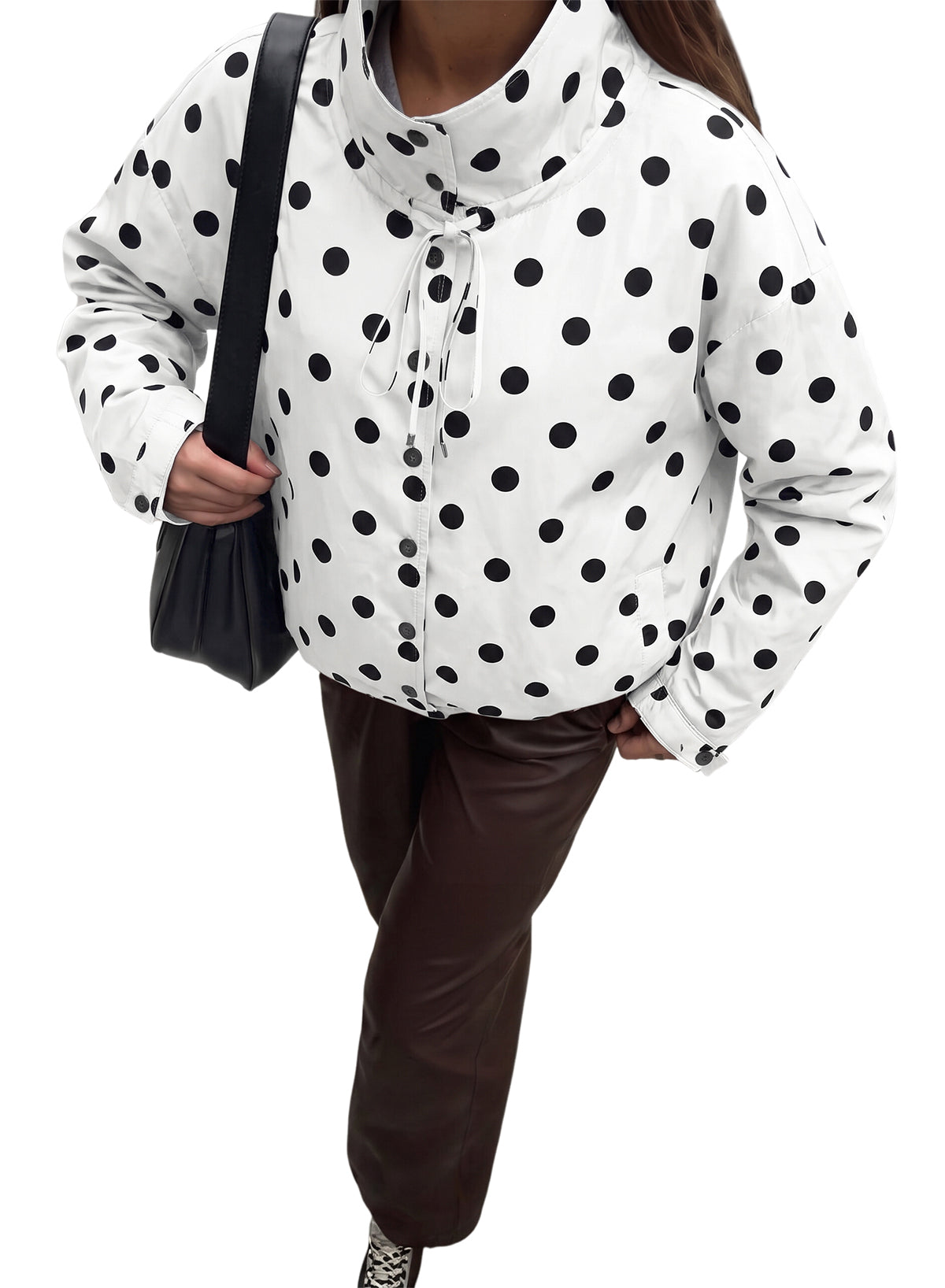 Dokotoo Womens Cropped Jacket Drawstring Zip Up Polka Dot Oversized Coats