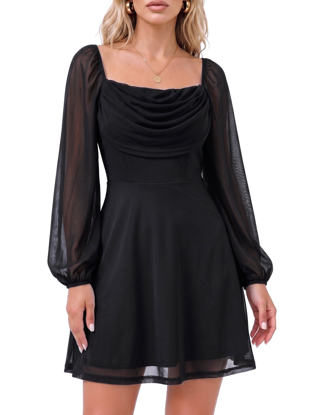 Dokotoo Women's Long Lantern Sleeve Square Neck Smocked A-Line Mini Dresses