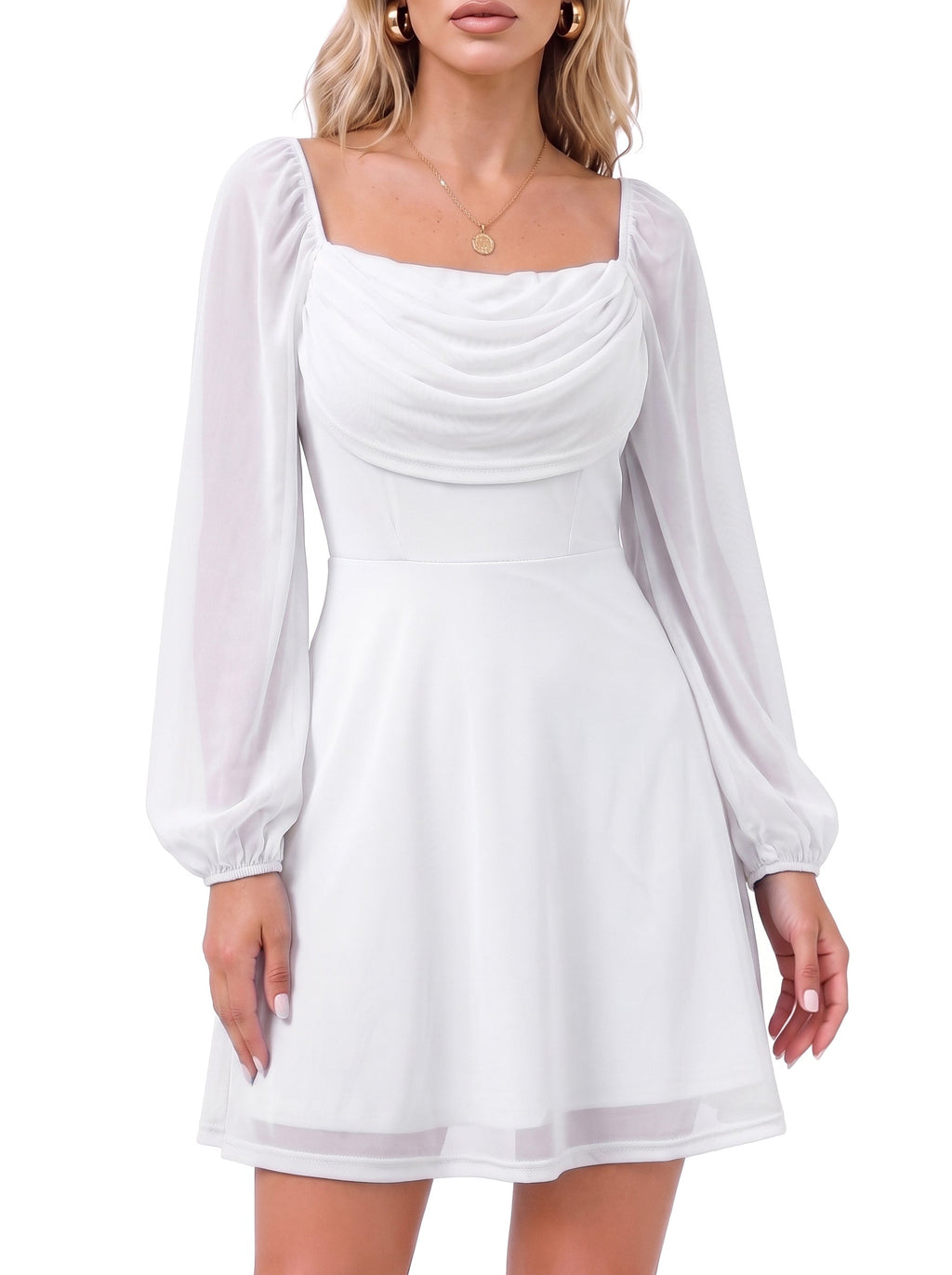 Dokotoo Women's Long Lantern Sleeve Square Neck Smocked A-Line Mini Dresses