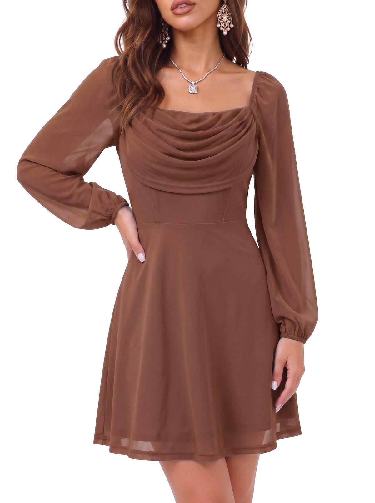 Dokotoo Women's Long Lantern Sleeve Square Neck Smocked A-Line Mini Dresses
