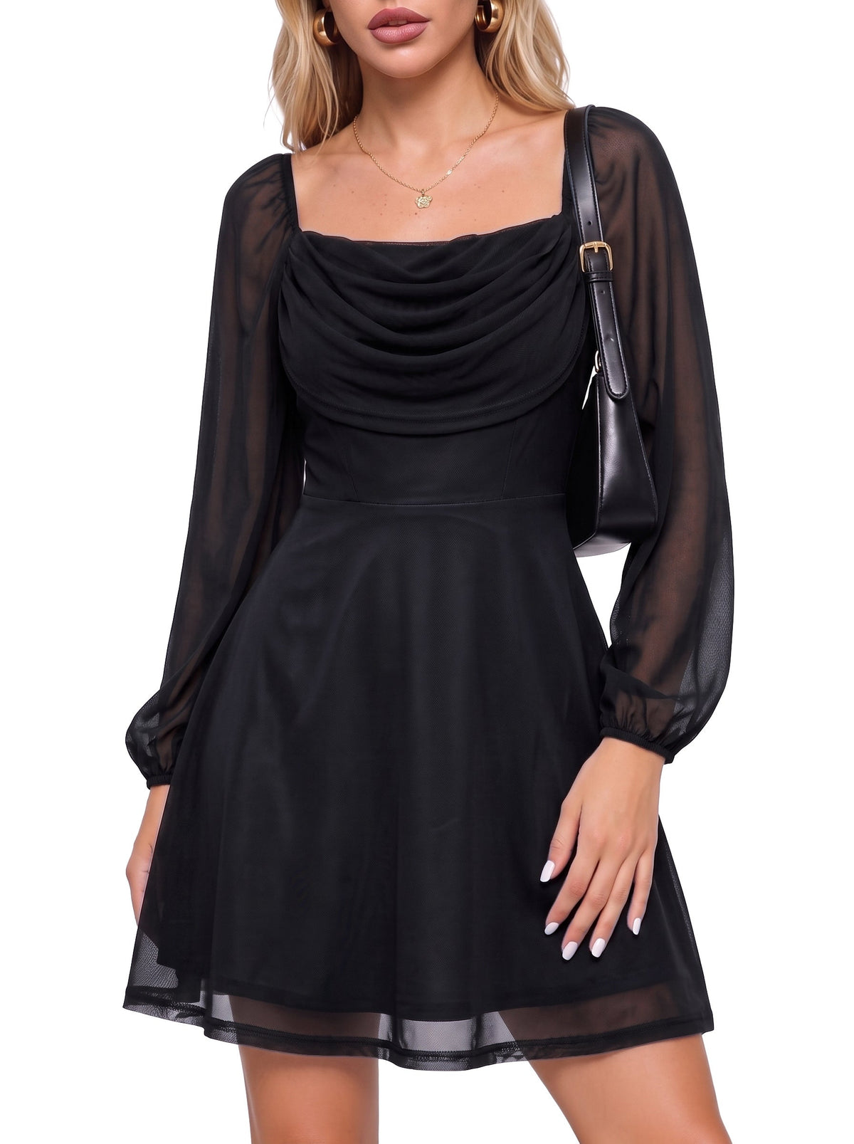 Dokotoo Women's Long Lantern Sleeve Square Neck Smocked A-Line Mini Dresses